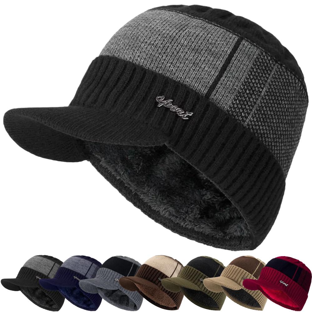 Unisex Classic Warm Winter Hat With Brim Plush Fur Lined Knit Cap Sports Label Thicken Winter Hats For Men Women