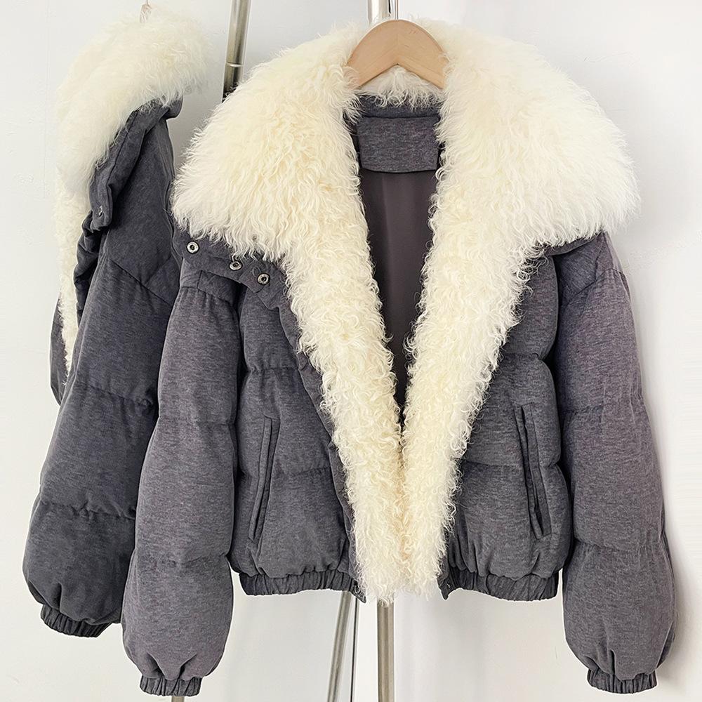 Europe, America, autumn and winter new real lamb wool collar short white duck down jacket fur jacket fashion thickened warm
