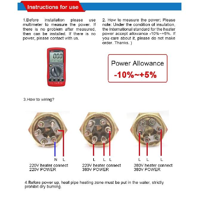 DN32 (41 millimetri) Elemento Riscaldante ad Acqua in Tubo di Rame 110V/220/380 con Filettatura in Rame per Termostato Scaldabagno 3KW/4.5KW/6KW/9KW/12KW