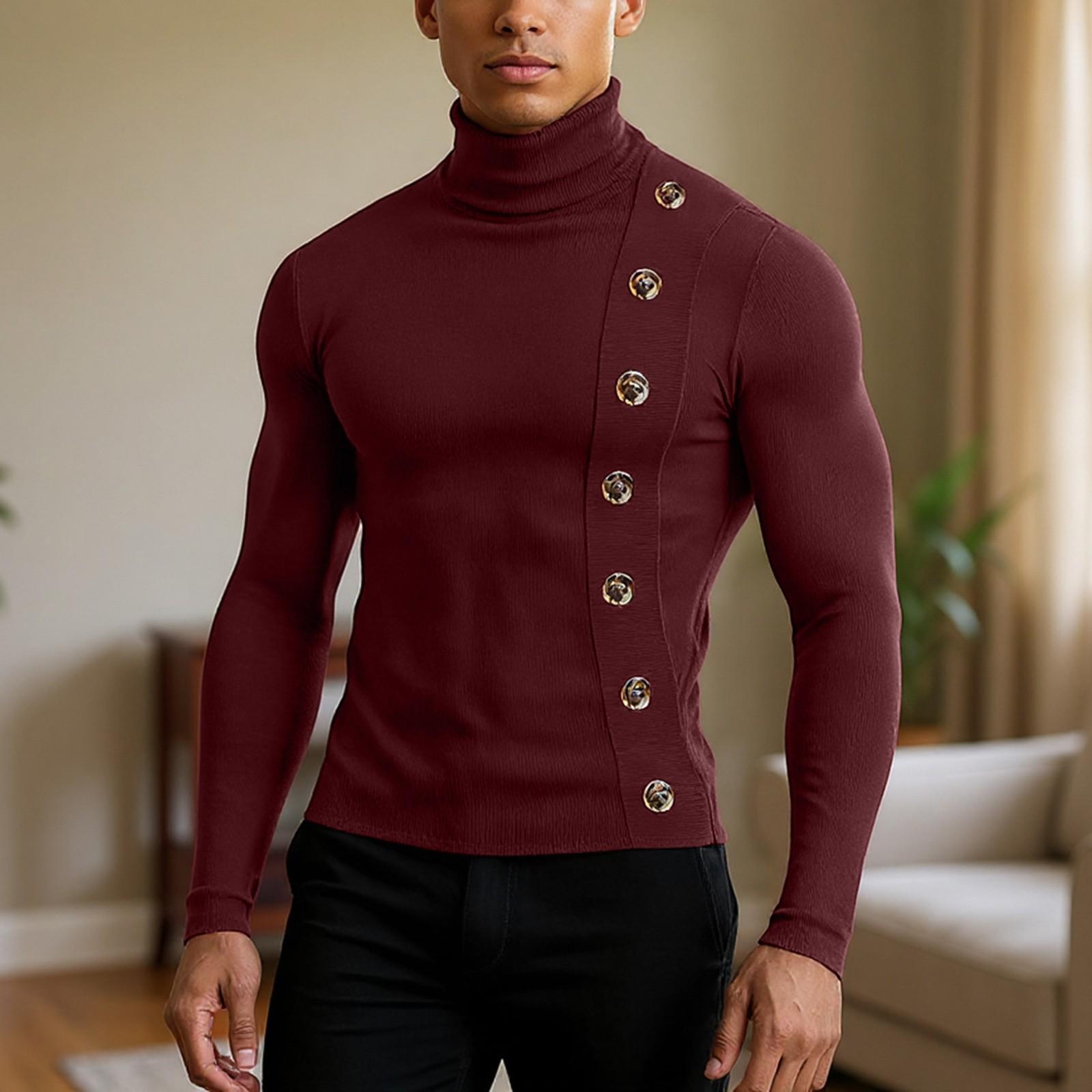 

Приталенный топ с высоким воротом и базовой футболкой для мужской повседневной одежды XL винный