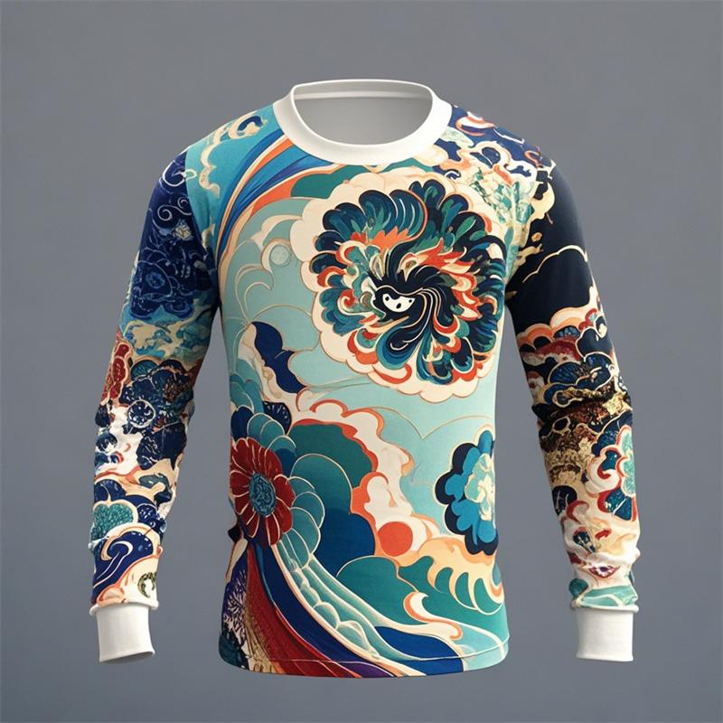 Novelty Men's Ukiyoe Long-sleeved T-shirt 3D Printing Retro Harajuku Pattern Printing Men Autumn Casual Round Neck Kids Clothes
