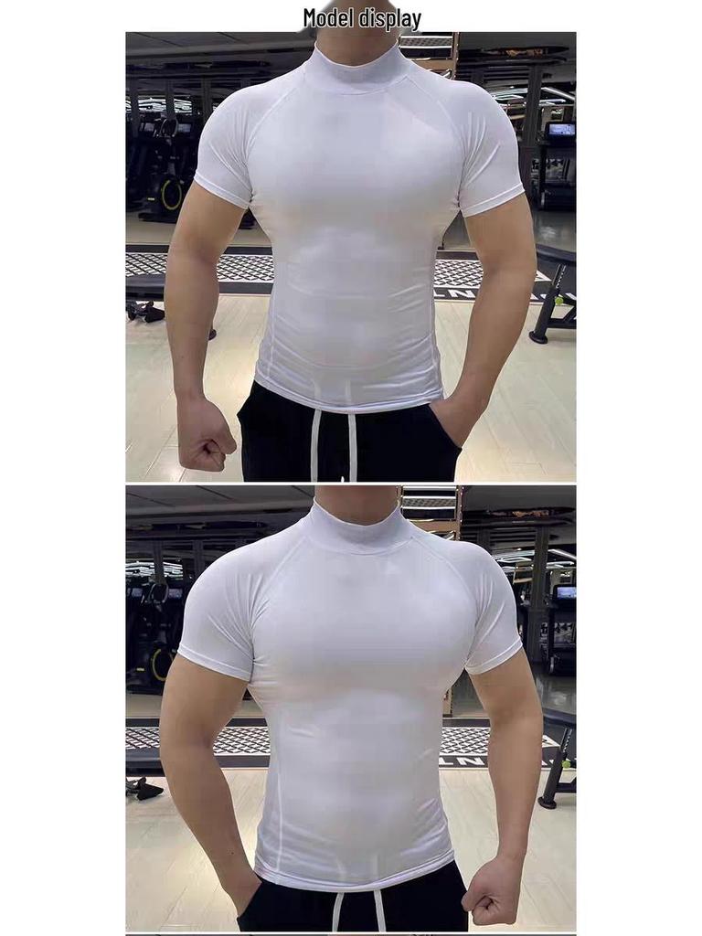 Pánské rychleschnoucí sportovní tričko s vysokým límcem - Krátký rukáv, Odvádějící pot, Přiléhavý střih, Stojáček