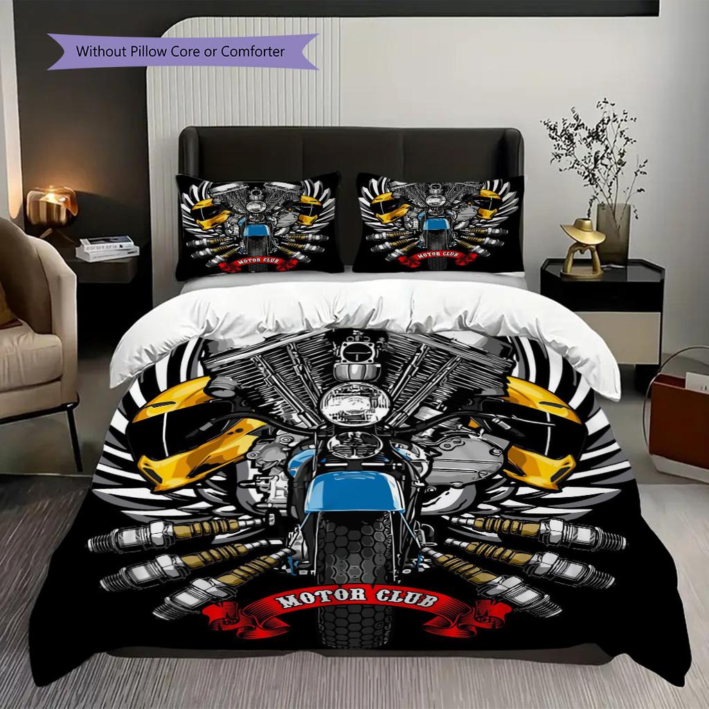 Motorcycle Club Emblem Bedding (1 * Duvet Cover + 2 * Pillowcase, Without Core) 2D Flat Duvet Cover and Pillowcase Bedding Set Soft and Comfortable