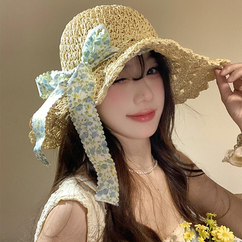 Floral Bow Woven Straw Hat Women'S Summer French Hollow Sunshade Sunscreen Hat Seaside Beach Vacation Sun Hat
