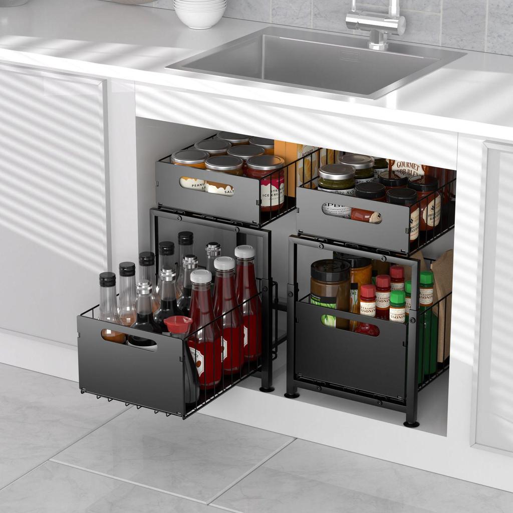Adjustable Kitchen Sink Storage Rack with Pull-out Shelves