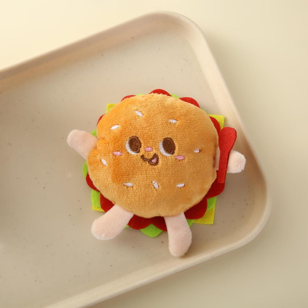 Cartoon Plush Pendant: Cute Brooch Keychain with Hamburger, Fries, Toast, Chicken Leg Figures.