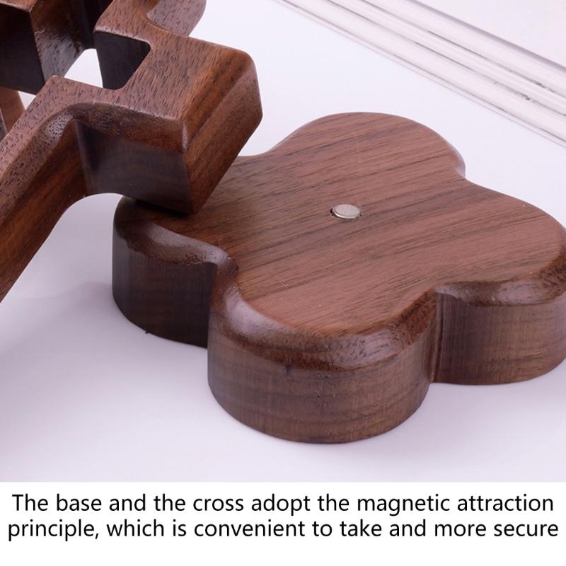 Church Altar Crucifix Statue Walnut Wood Hollow Standing Crosses Ornament with Magnetic Base for Easters Ceremony Decors