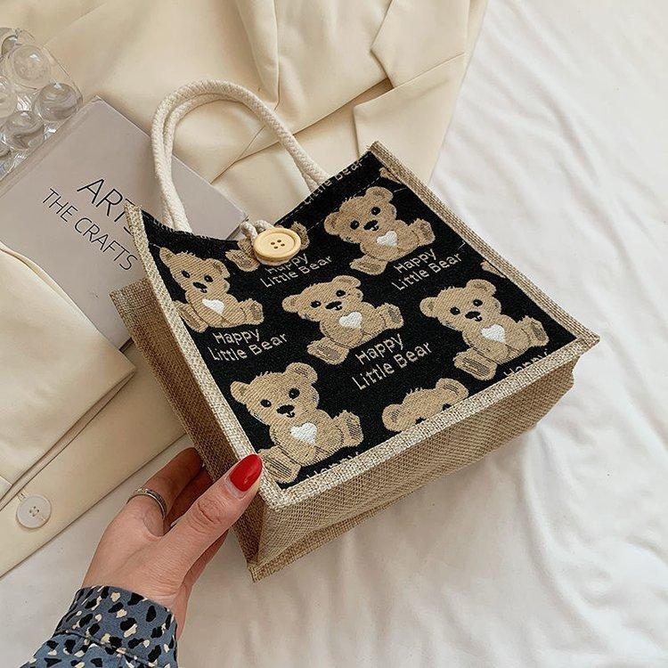 Bear linen tote bag women go out handbag small satchel student shoulder bag tide