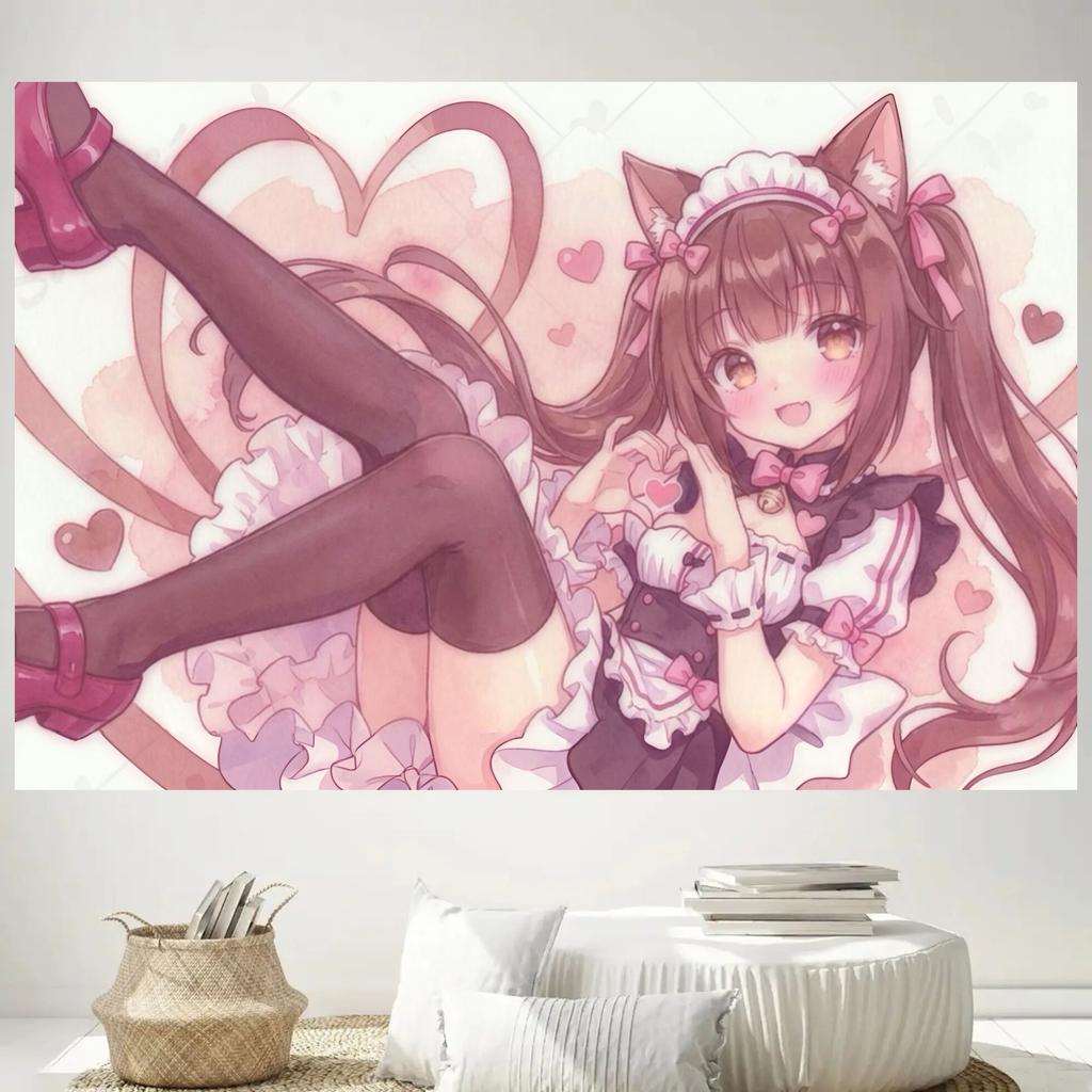 1pc N-Nekopara C-Chocola Maid Tapestry Heart Gesture Pink Bows Print Decor for Neko Anime Fans Bedroom Dorm Home