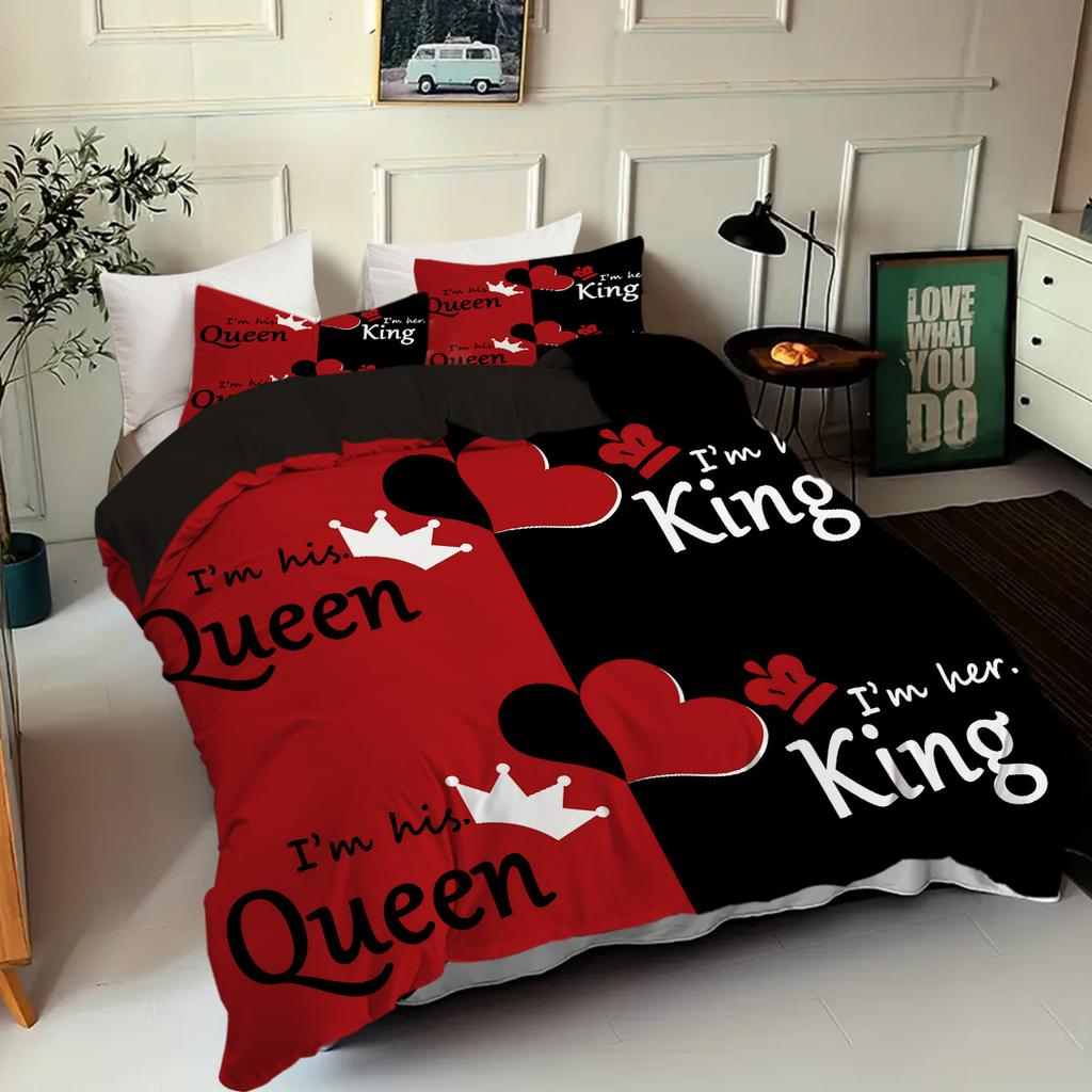 King Queen's Pattern 3D Print Quilt Cover Black Red Color Match Bedding Set Soft Comfortable Home Textile Duvet Cover Pillowcase
