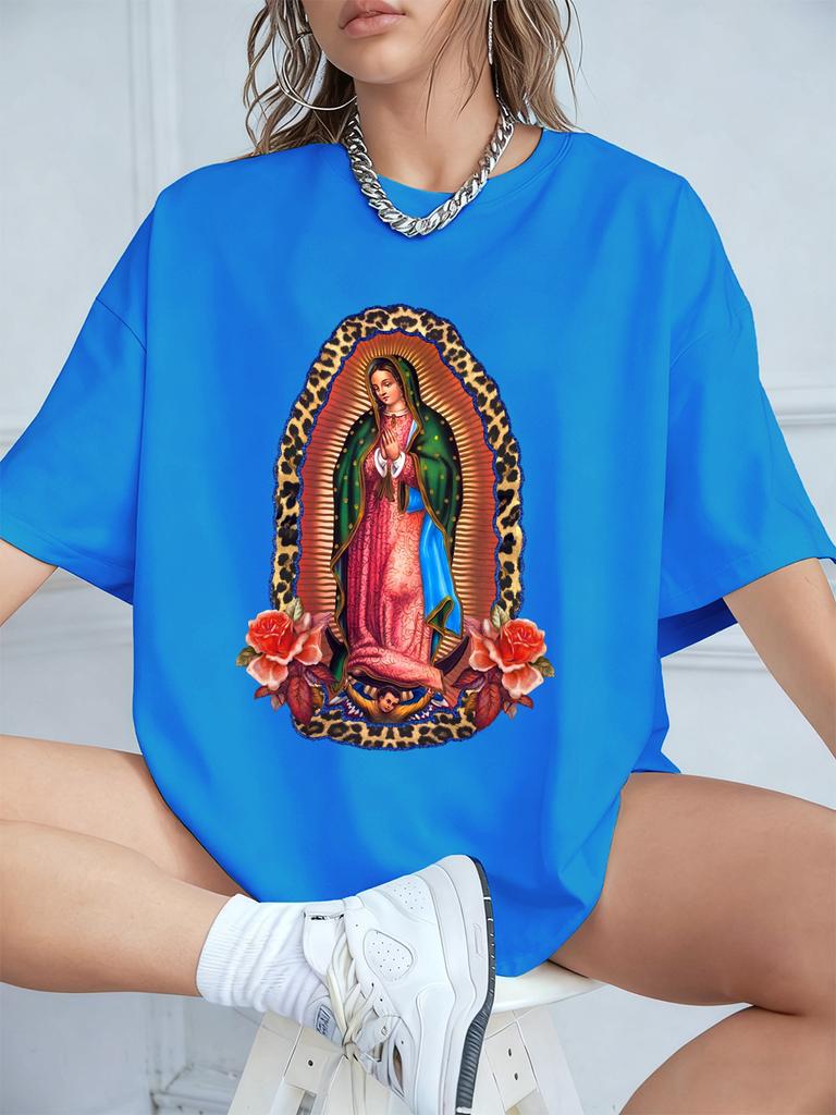 Our Lady Of Guadalupe Prints Short Sleeve T-Shirts Women Polyester Summer Tee Shirts Comfortable Soft O-Neck Tops Sporty Clothes