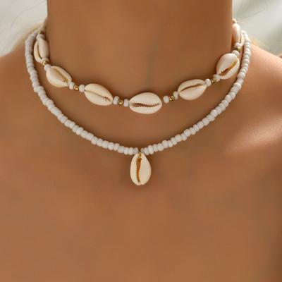 2 Stück Halsketten-Anklets für Damen, Muschel-Karabinerverschluss, längenverstellbar, Retro-Boho-Stil, Perlen, glatt, leicht, Strand-Halsschmuck