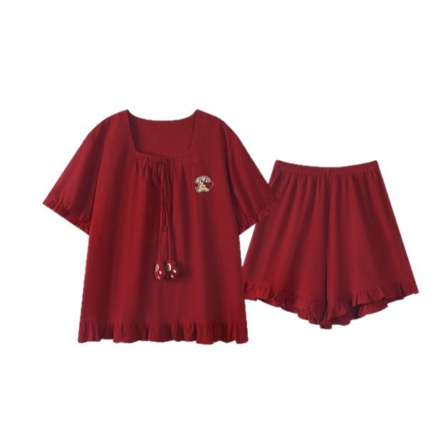 Damen Anti-Bakterielle Hochzeits-Pyjama - Rotes Jahr der Ratte Set, Sommer Baumwolle Kurzarm & Shorts, Paar Hauskleidung.