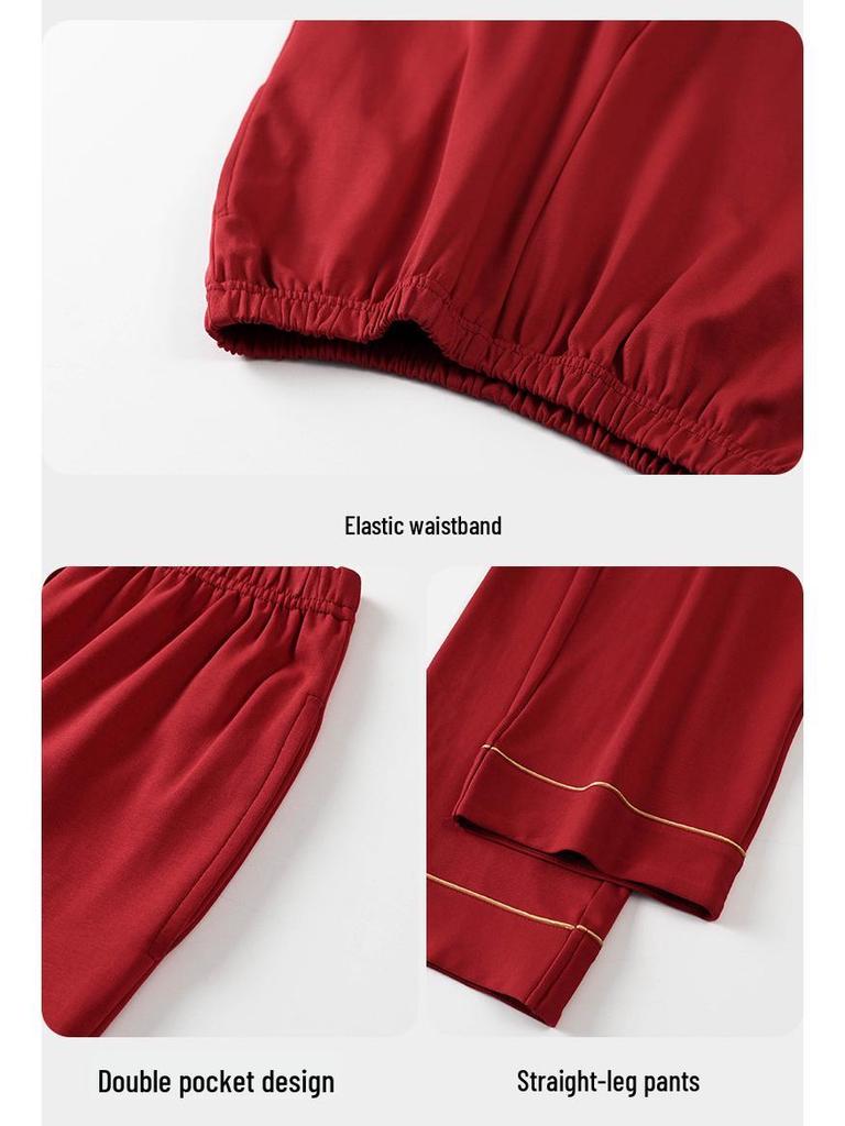 Unisex Wedding Couple Pajamas: Festive Red Pure Cotton Cardigan Set for Spring and Autumn