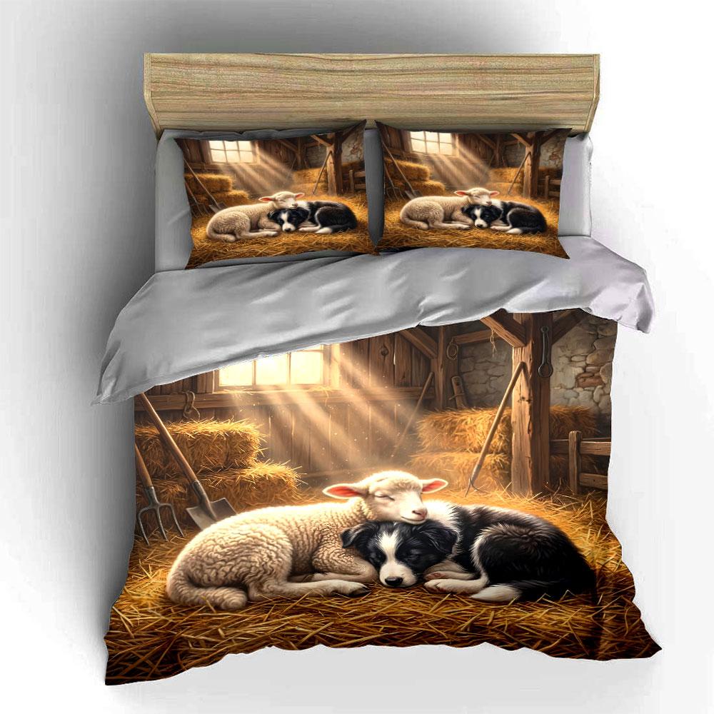 Cozy Companions In a Rustic Barn Print Bedding Set 1 Duvet Cover 2 Pillowcases for Adult and Children Luxury Gift Full Size