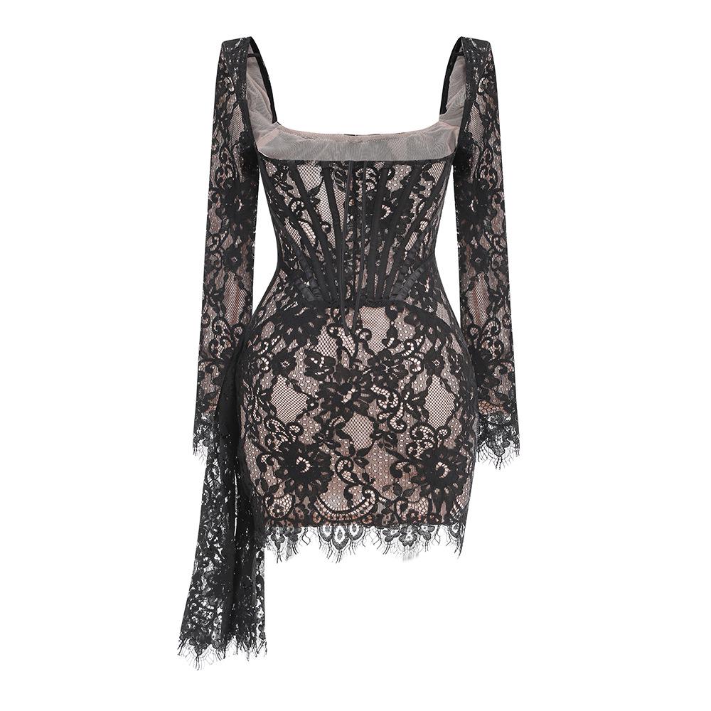 Europäisches & Amerikanisches Sexy Spitzen-Netz-Kleid mit Fischbein-Taillenformer – Langärmlig, Herbst/Winter Kurzer Rock