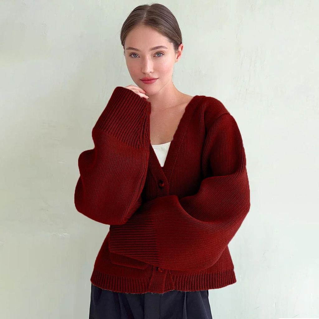 Women's V-neck Pocket Knitted Cardigan Loose Long Sleeve Sweater