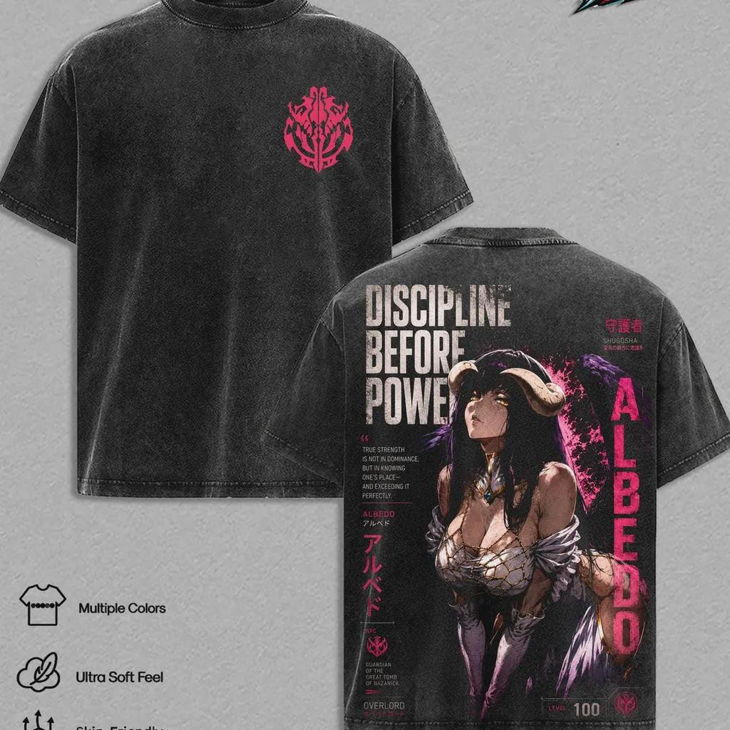 Albedo Overlord Anime Shirt, Dark-Haired Demon Girl Vintage Washed Tee, Gothic Manga Graphic, Double Sided Oversized Streetwear
