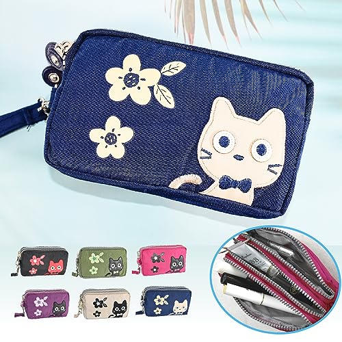 Pouch Cat Flower Cute Stylish Nylon Mini Cosmetic Makeup Small Item Holder Strap Large Capacity Pattern Gift Travel 3 Pockets (Beige)