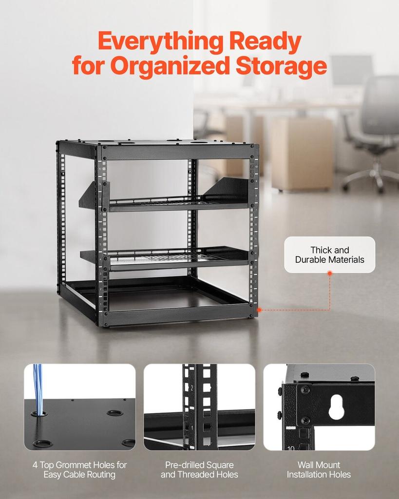 10U Open Frame Network Rack, 585 mm Depth, Wall Mounted or Floor Standing Server Rack, Heavy Duty 4 Post, with Vented Shelves & Mounting Hardware,