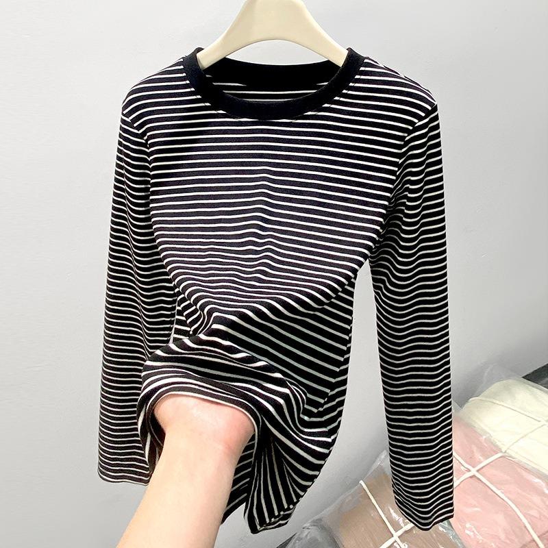 Women S Round Neck Striped Long Sleeve T Shirt Autumn Winter Base Layer Slim Fit Top
