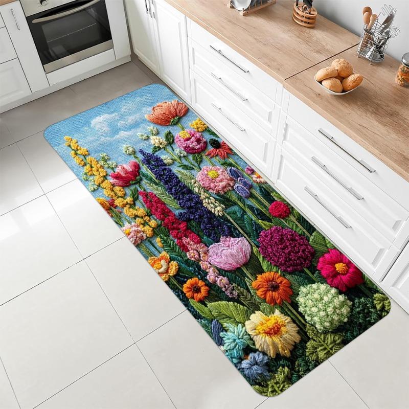 Cute Cat Flower Print Runner Rug Rustic Style Home Decor Faux Embroidery Long Carpet Soft Non-slip Floor Mat for Hallway Bedroom