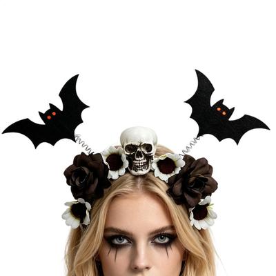 Halloween Party Headband Skull Bat Hair Clips With Black Artificial Flowers Dark Role-playing Accessories For Party Festival