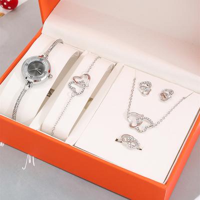 5 stücke Mode Luxus frauen Armband Stil Uhr Band Silber Quarzuhr Mädchen Herz Halskette Armband Ring Ohrstecker Mädchen uhr Set