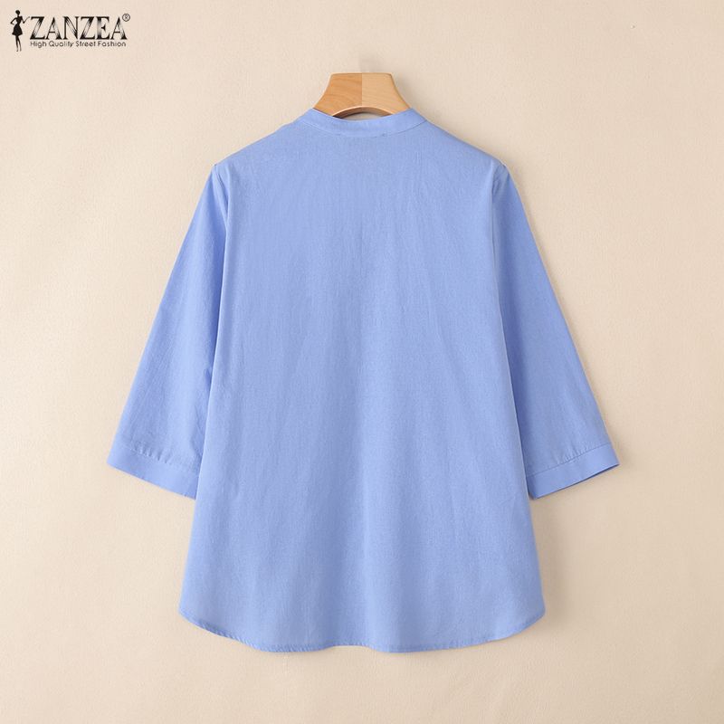ZANZEA Women Casual V-Neck Solid Color Loose 3/4 Sleeve Cotton Blouse