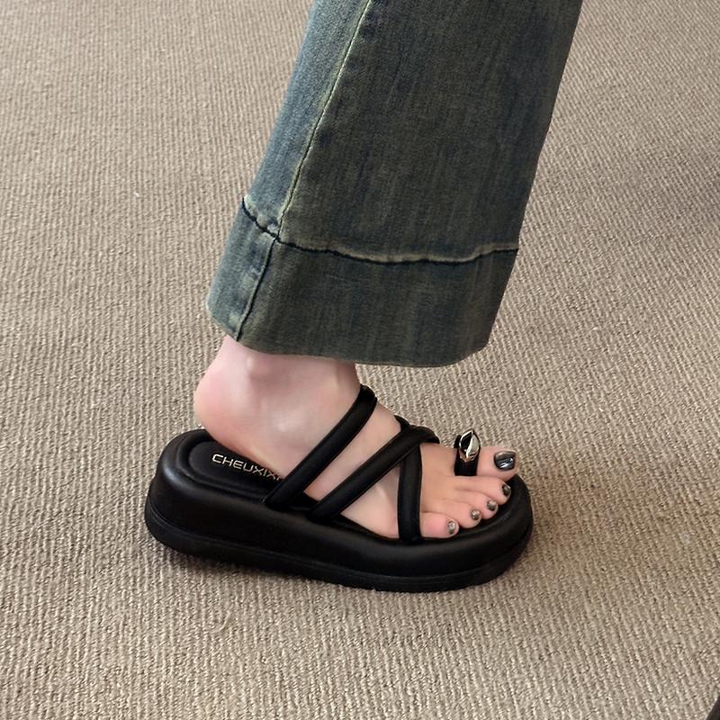 Fashion Female Sandal Comfort Shoes for Women With Heel Cross 2025 Summer Muffins shoe Girls Beige New Velvet Thick Low Beach Fash