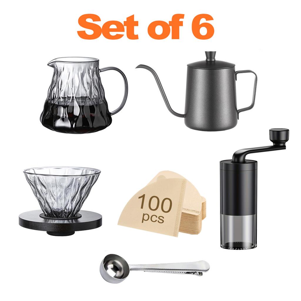 Pour Over Coffee Maker Set of 6, Pour Over Coffee Kettle, Coffee Grinder, Glass Coffee Carafe and Dripper, Spoon, Filter Paper