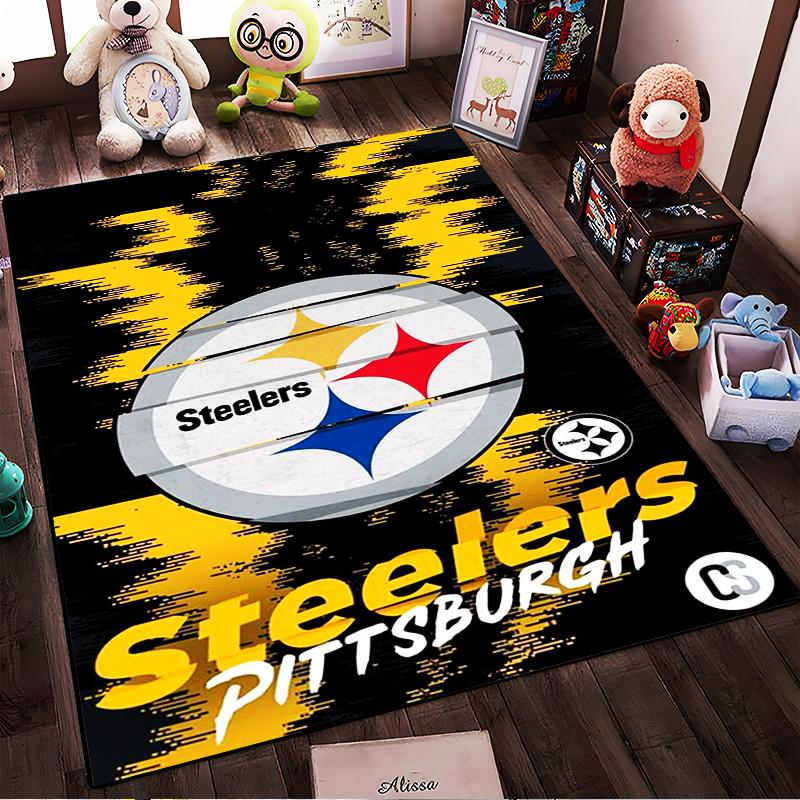 Pittsburgh Steelers Logo Rug, Black and Yellow Theme, Non-slip rug suitable for living room and bedroom sofas.