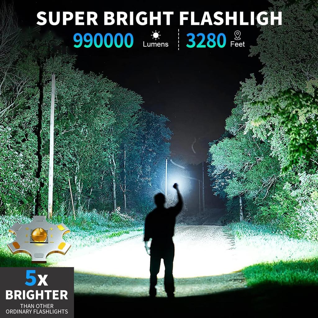LED Rechargeable Flashlights 990000 High Lumens, Super Bright Flashlight High Power Flash Light with 7 Modes, 15H Running Time, IPX7 Waterproof