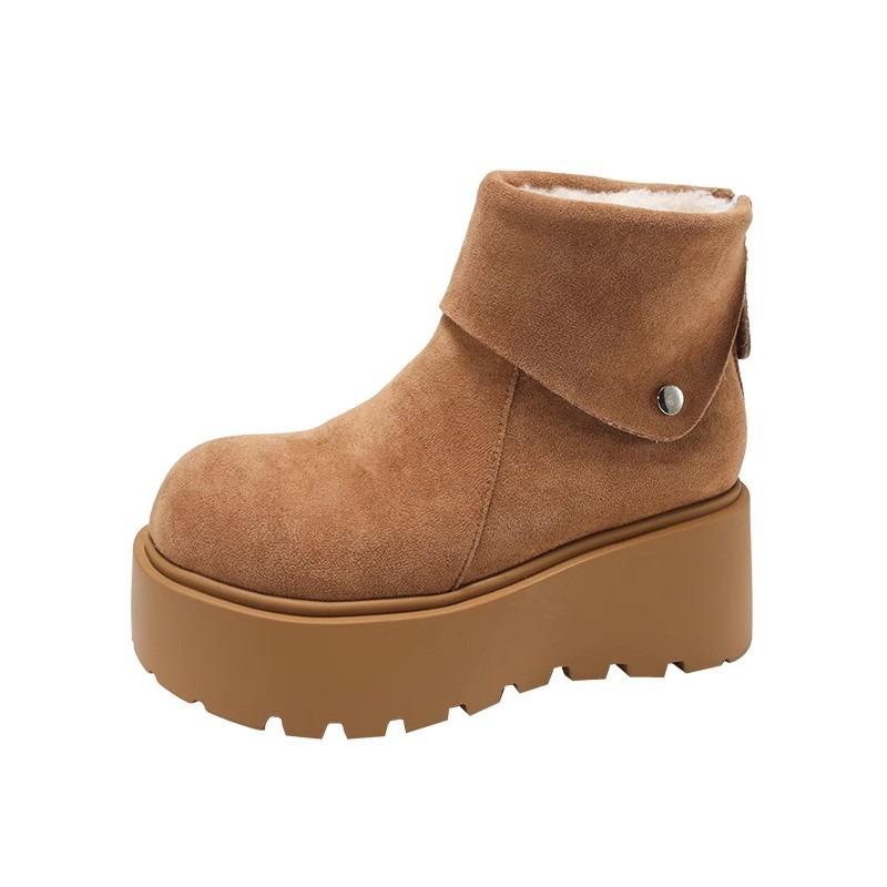 Leather thick-soled heightening small short boots winter new velvet thickened warm snow boots women's cotton shoes