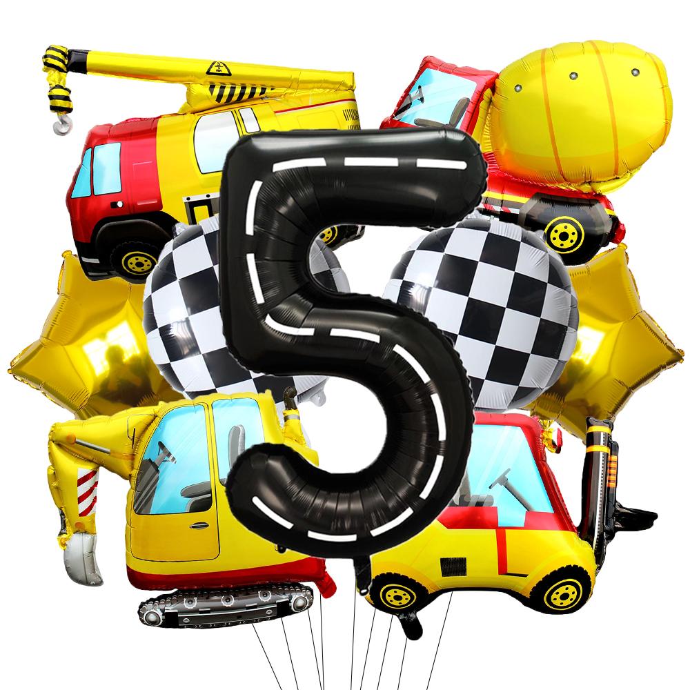 9 Pcs 1set Engineering Theme Foil Balloons With 40Inch Number Birthday Party Ballon Construction Vehicle Tractor Car Balloons