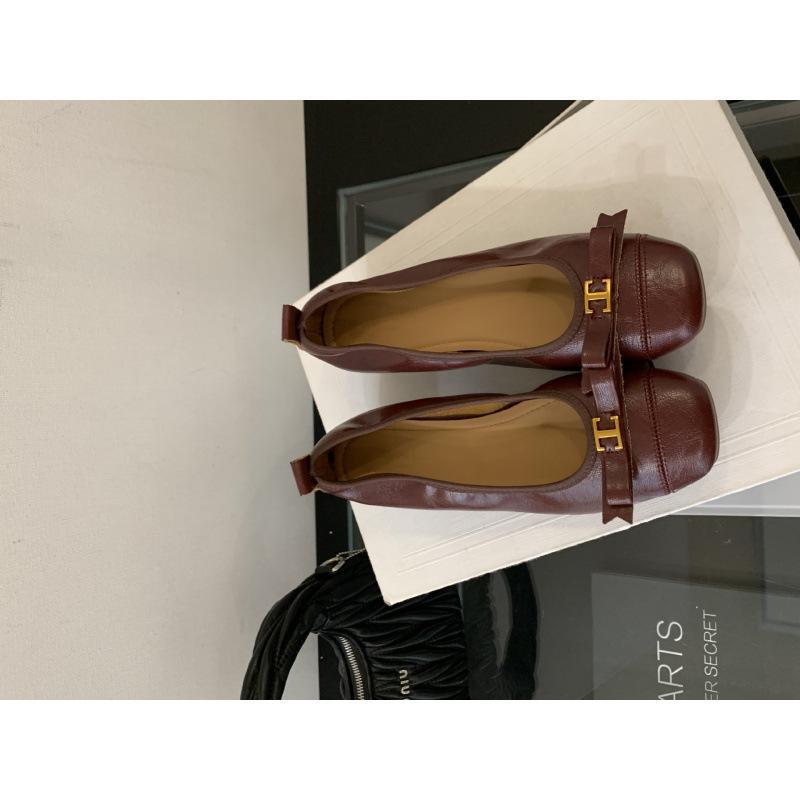 Retro bow gold buckle single shoes women's 2025 new one-pedal round head thick heel grandma shoes