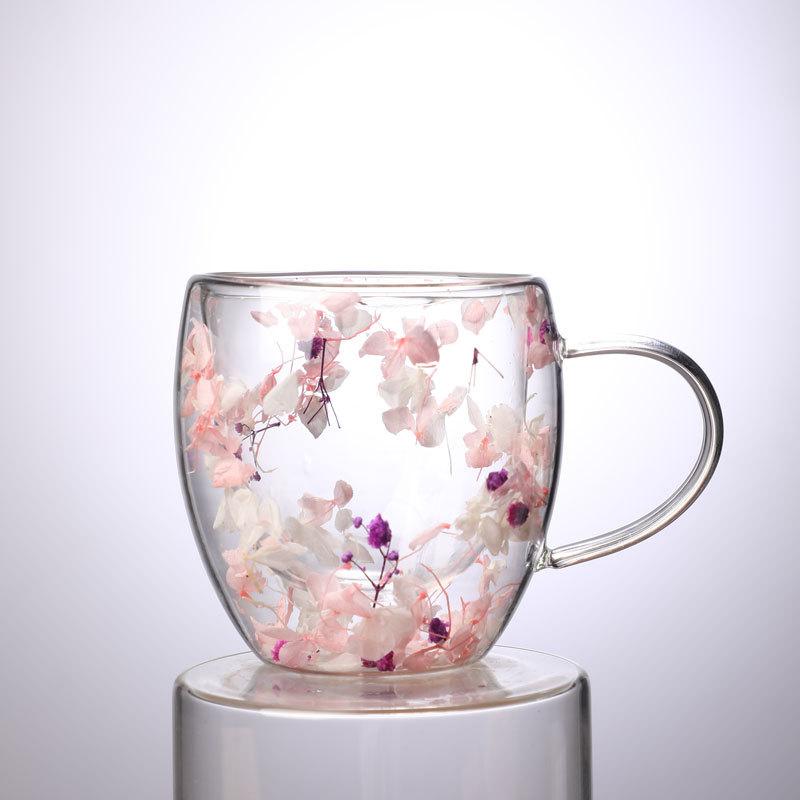 Fillings Dry Flowers Double Wall Glass Cup With Handle Heat Resistant Hot Cold Beverage Tea Coffee Insulated Mug Creative Gift