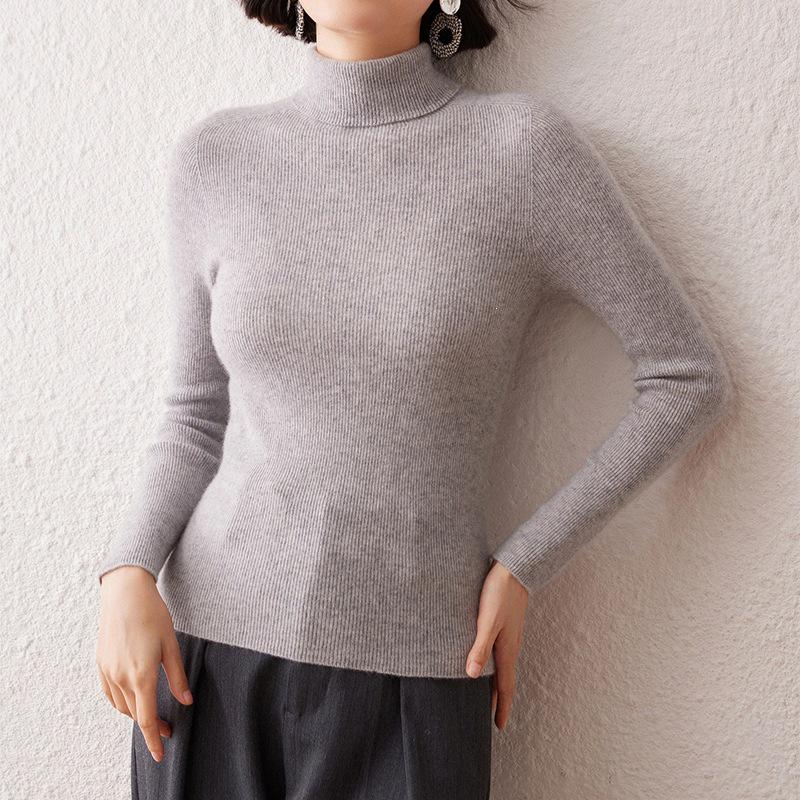 Women's High Neck Cashmere Sweater: Slim Fit Long Sleeve, Stacked Collar Knit for Autumn/Winter
