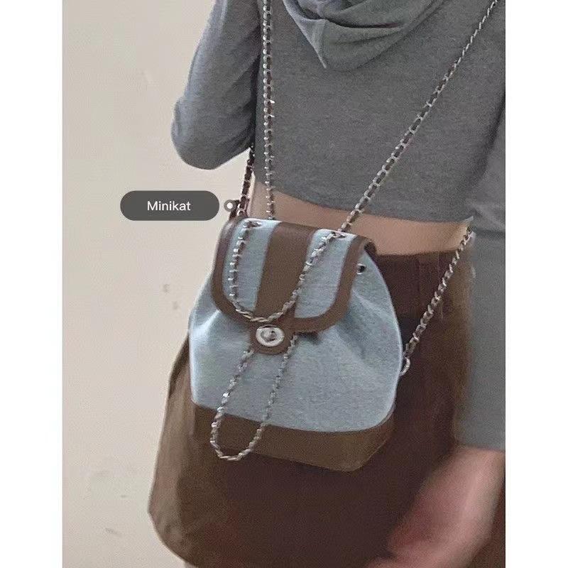 

Denim backpack bag female tide Korean casual backpack niche blogger chain shoulder bucket bag