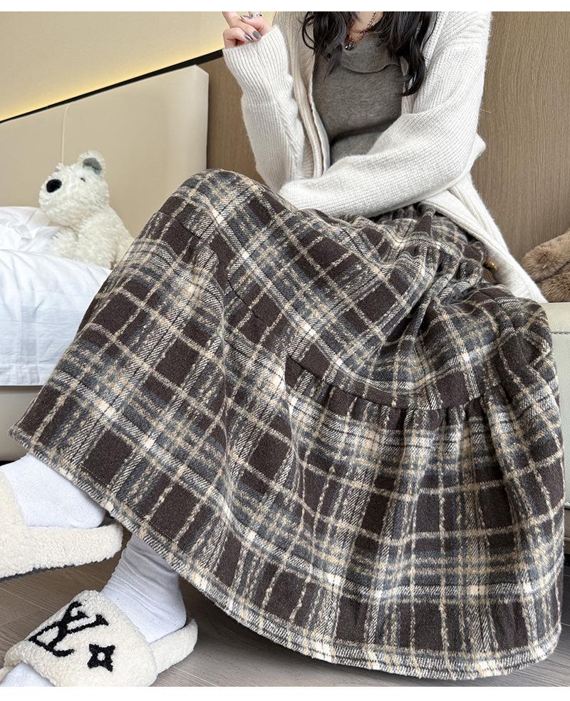 Vintage Plaid Wool A-line Skirt for Women - High Waist, Mid-Length, Autumn/Winter 2025 Collection