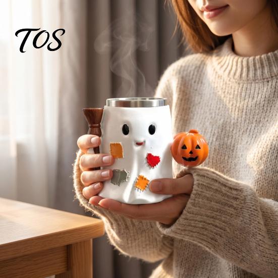 Ghost Coffee Mug 300ml Halloween Mug, Resin Insulated Cup, Cute Drink Spooky Holiday Table Decor Cup with Pumpkin And Broomstick, Drinkware Gifts for