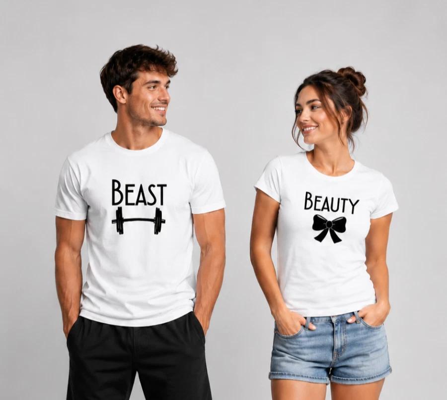 Beauty And Beast Matching Couple T-Shirts Funny His Hers Gym Gift Tops 4XL