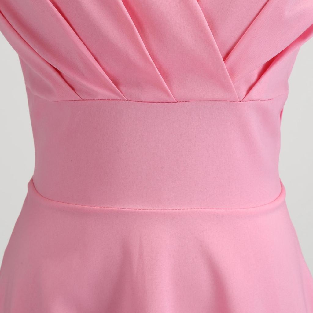 GMXIA Spring Summer Retro Women's V-neck Half-sleeve Waist Solid Color Swing High Waist Dress