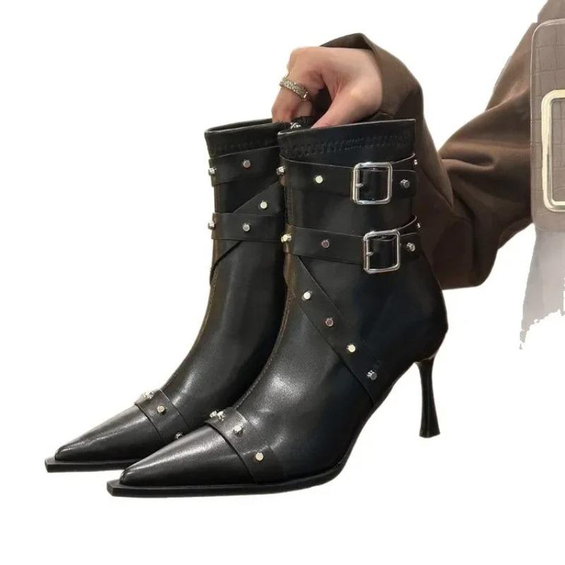 Fashion Fashionable Rivet High Heel Short Boots Pointed Toe Slim Fit Spring Autumn 2025 New Arrival Women's Ankle Boots Leisure Style