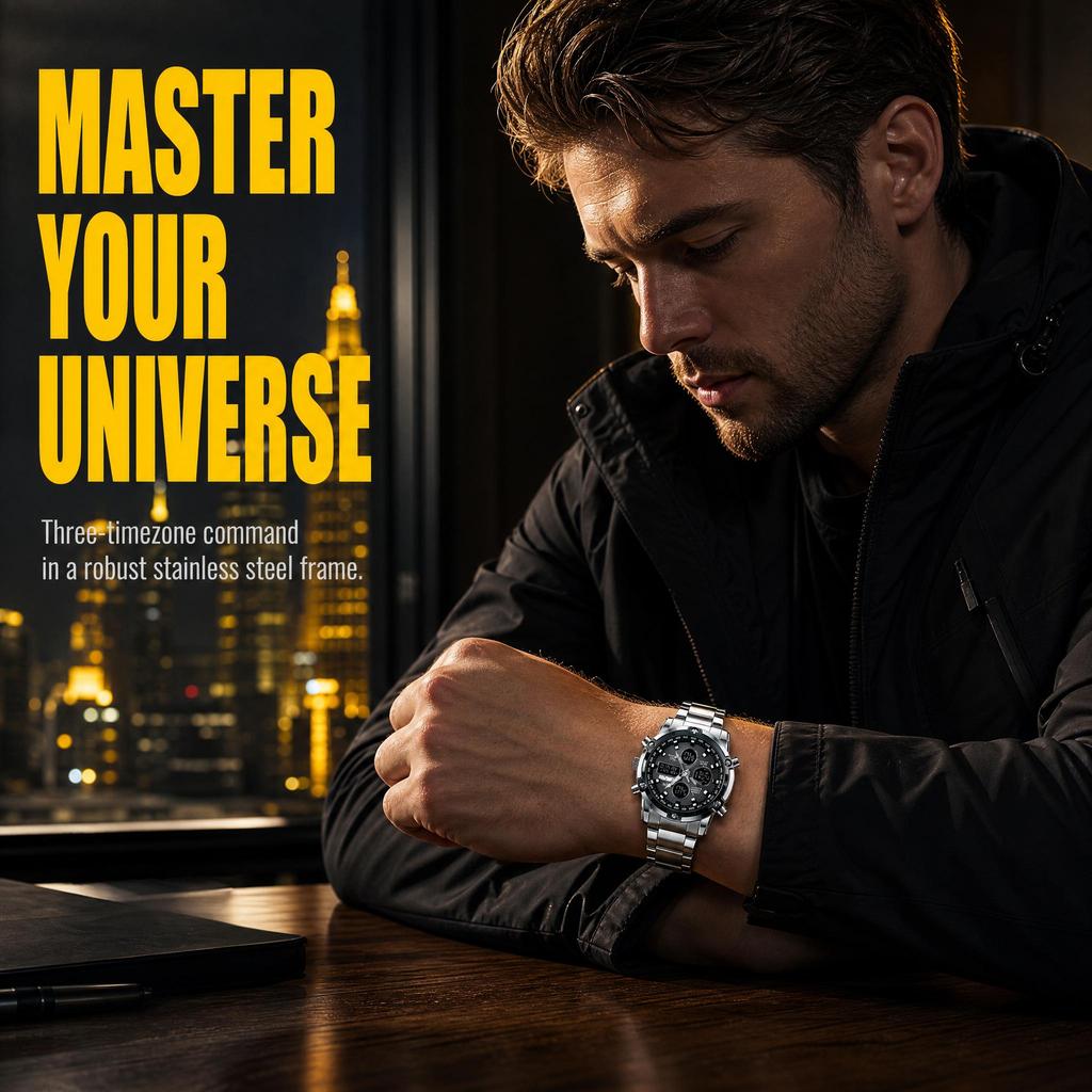 Orologio Digitale da Uomo SKMEI Triplo Fuso Orario Doppio Display Acciaio Inossidabile 1389