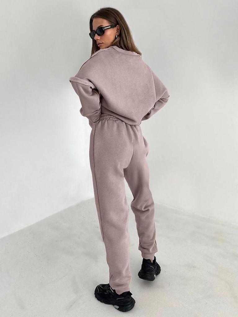 2023 Pink Sport Fleece Sweatshirt & High Waist Sweatpants Set - European & American Autumn Fashion for Women