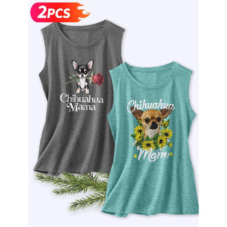 Follow a Specific Direction Two-piece Women's Vest Set Chihuahua Sunflower Rose Print Elegant Summer Party Outfits Sleeveless Vest Essential Fashion