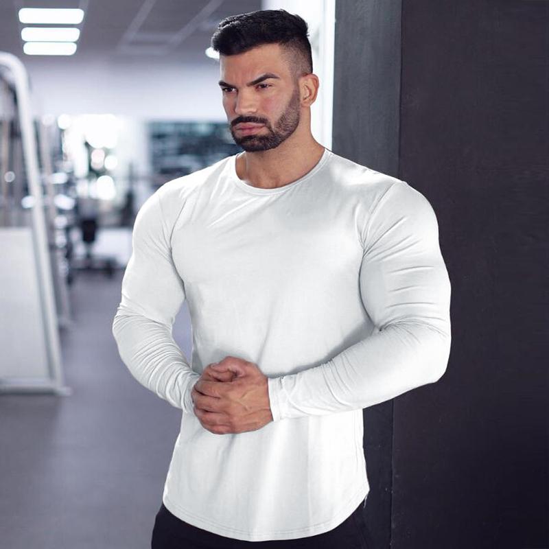 Plain Gym Fitness Running Sport T-shirts Mens Casual Long Sleeve Cotton Hip Hop Shirts Cotton Breathable Workout Muscle Clothing