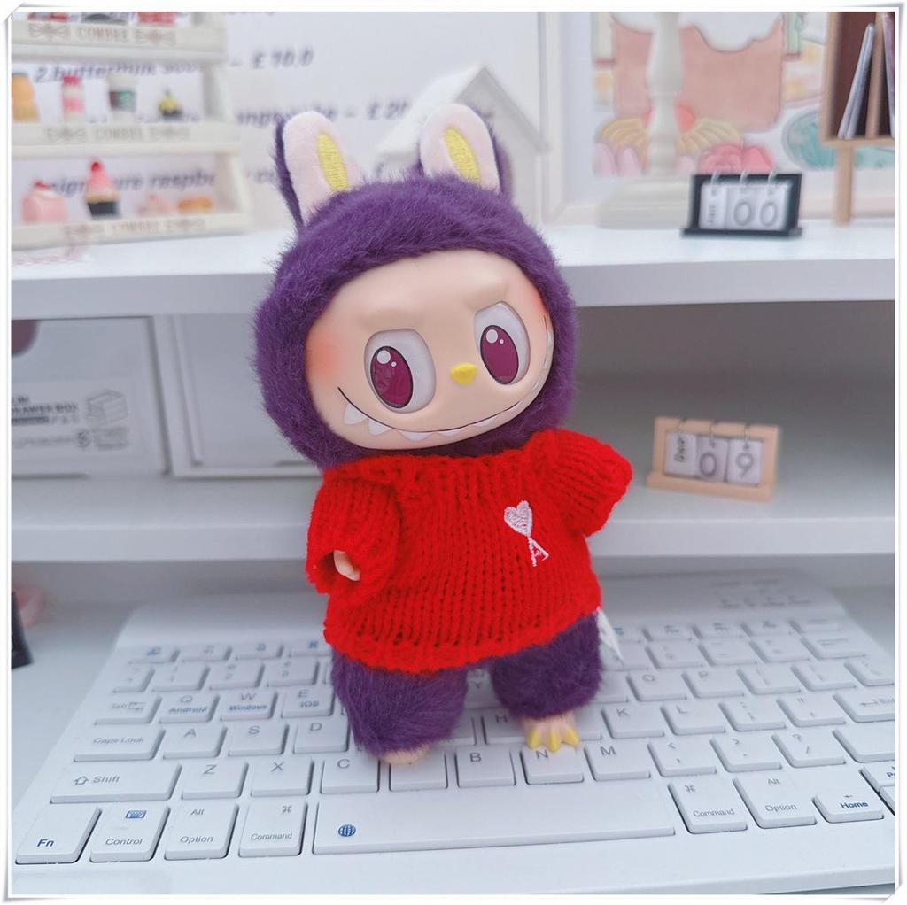 17cm Labubu Doll Clothes Set: Heart Sweater, Hat, Crossbody Bag - First & Second Generation.