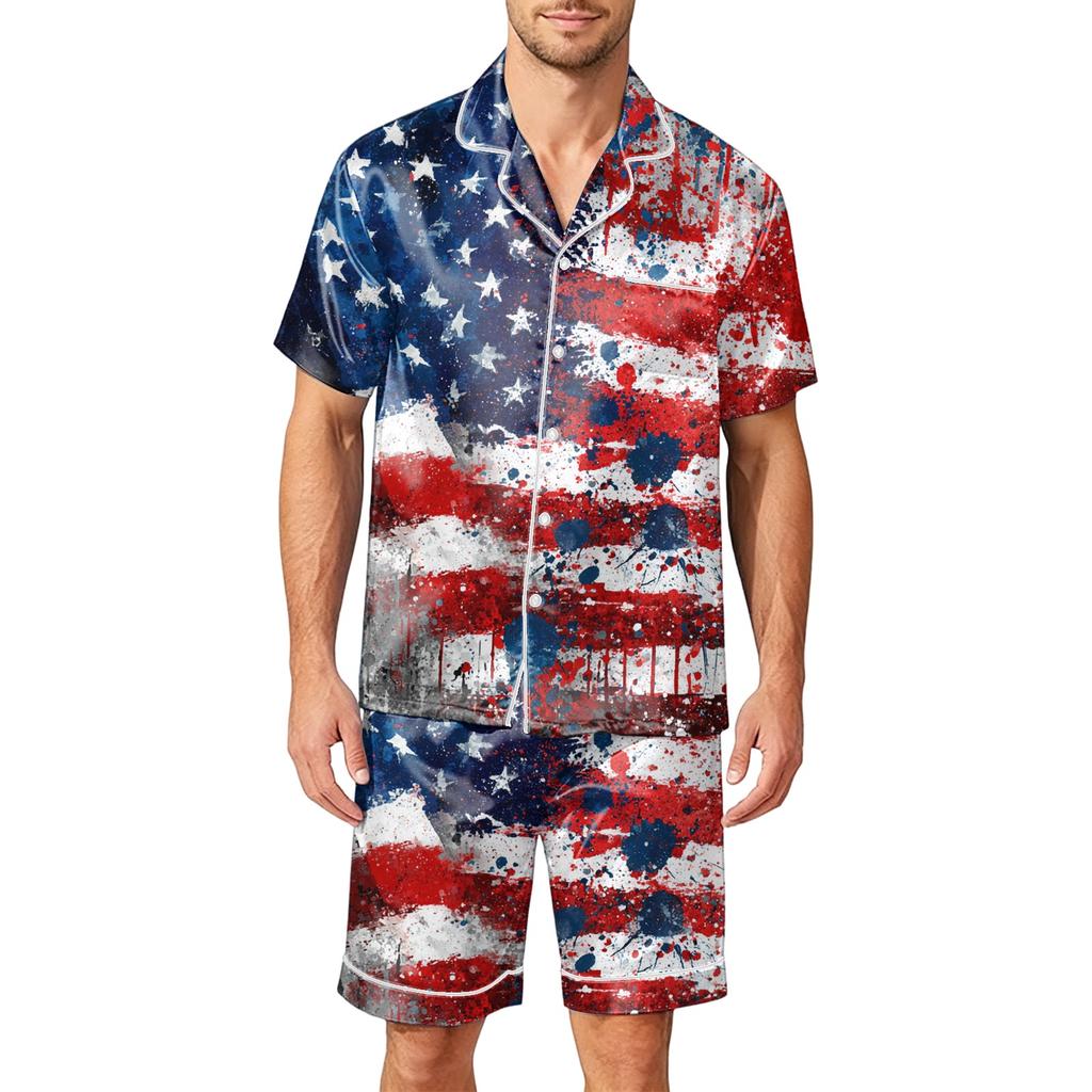 Men's Satin Short Sleeve Pajama Set Two Piece Soft Lightweight Sleepwear with Shorts and Pockets Button Down Top Lounge Suit